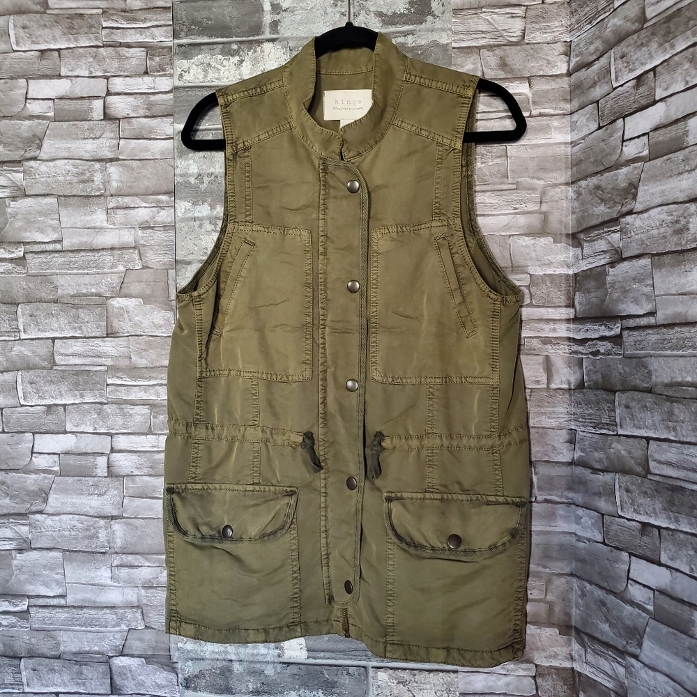 Hinge Olive Green Cargo Utility Vest Full Zip Drawstring Military Sleeveless Med